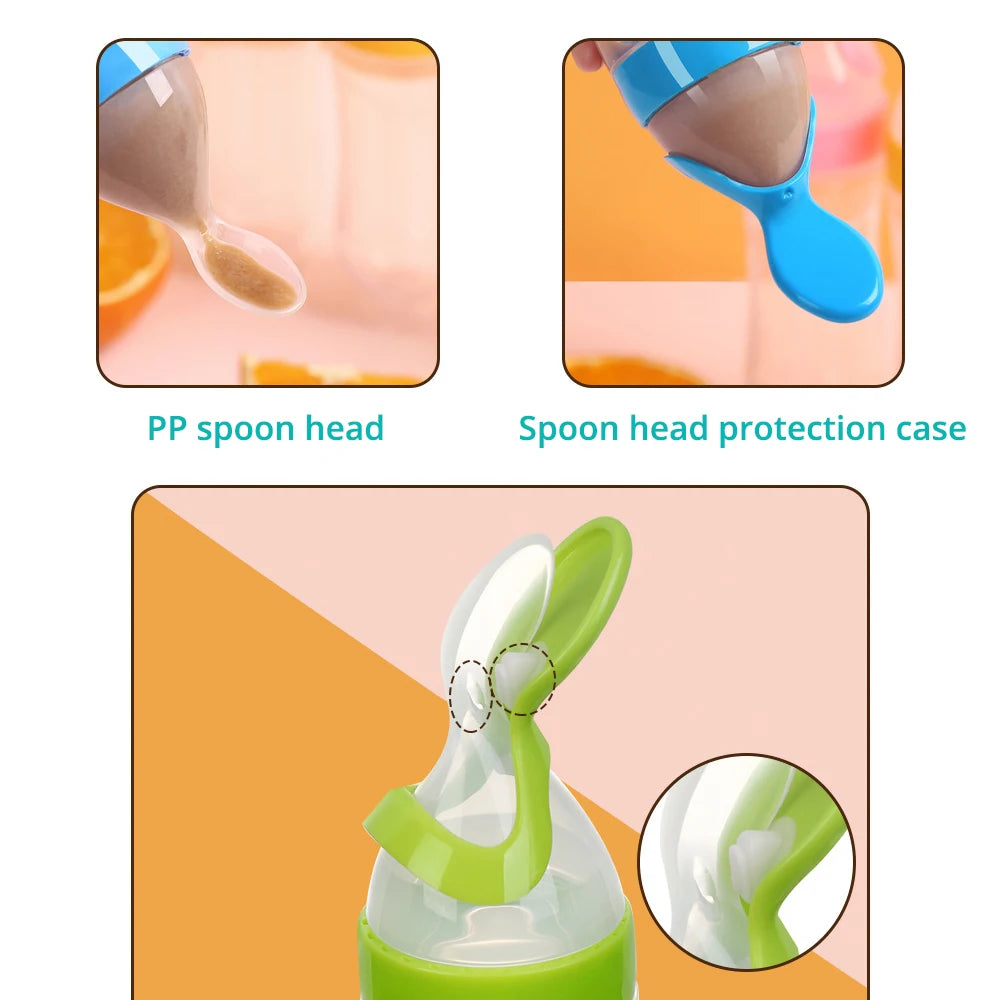 Silicone Squeeze Baby Food Feeder Bottle with Spoon