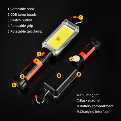 8000LM LED Work Light – COB Rechargeable Floodlight with Magnetic Base & Hook Clip, Portable Waterproof Work Lamp