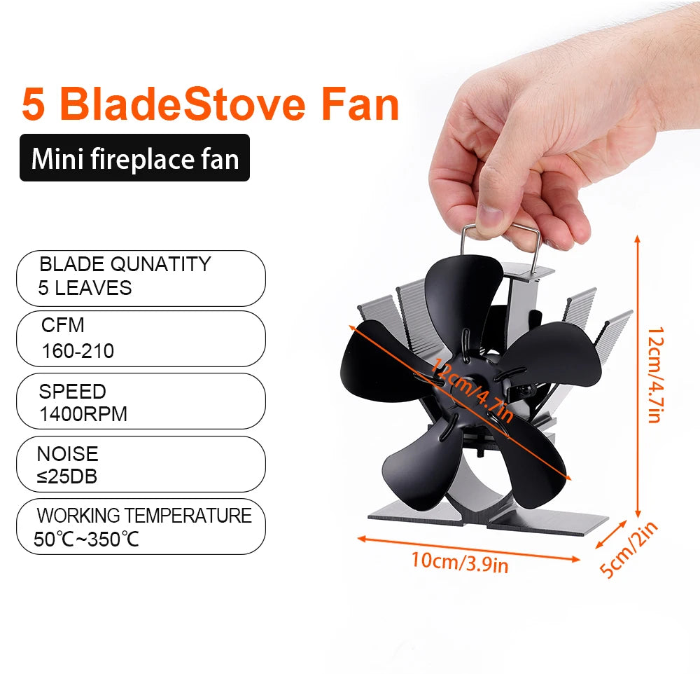 Mini Heat Powered Stove Fan – 5-Blade Quiet Fireplace Fan for Wood Burner, Eco-Friendly Heat Distribution Fan for Winter Home Heating