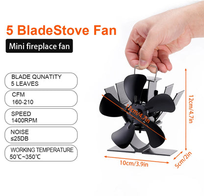 Mini Heat Powered Stove Fan – 5-Blade Quiet Fireplace Fan for Wood Burner, Eco-Friendly Heat Distribution Fan for Winter Home Heating