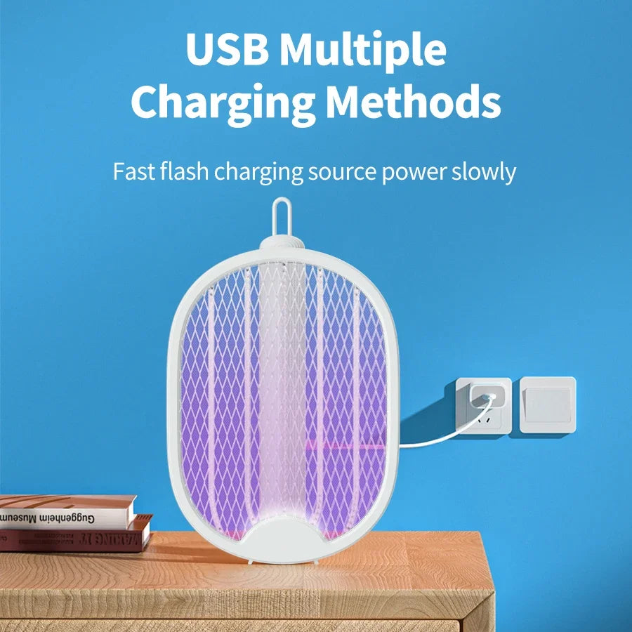 2 in 1 Electric Mosquito Swatter Lamp – USB Rechargeable Folding Insect Killer with Purple Light for Home & Dormitory