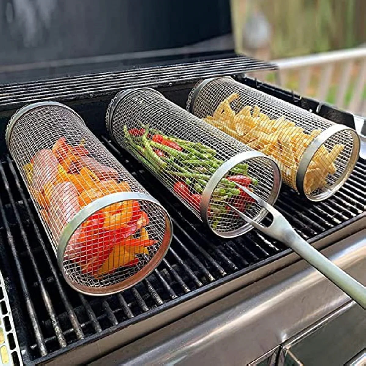 Rotating Stainless Steel BBQ Grill Cage – Cylinder Mesh Basket for Kamado, Smoker, and Outdoor Barbecue Accessories