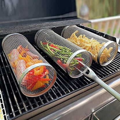 Rotating Stainless Steel BBQ Grill Cage – Cylinder Mesh Basket for Kamado, Smoker, and Outdoor Barbecue Accessories