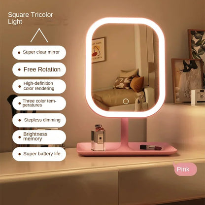 LED Makeup Vanity Mirror – Modern Desktop Dressing Mirror with 3-Color Light & Touch Control for Women’s Bedroom