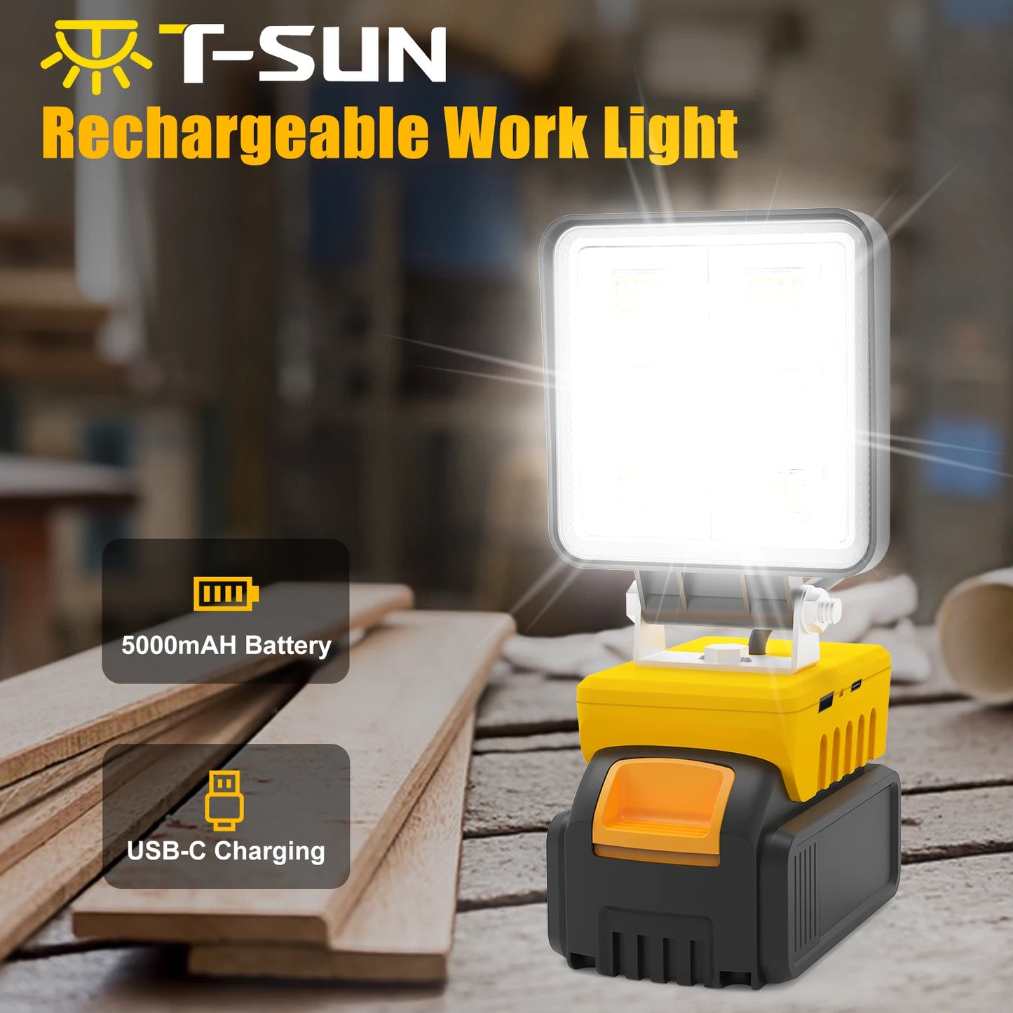 5200LM LED Work Light – Portable 48W Cordless Flood Light with Adjustable Base, Rechargeable Work Light Compatible with DeWalt