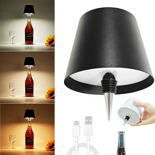 USB Rechargeable Bottle Lamp – Touch-Control 3-Color Stepless Dimming Table Light for Wine, Restaurant & Bar Decor