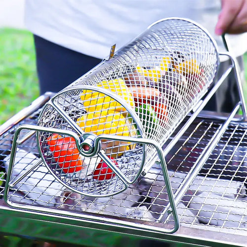 Stainless Steel Rolling Grill Mesh Basket – 360° Rotating Rotisserie Cylinder for BBQ