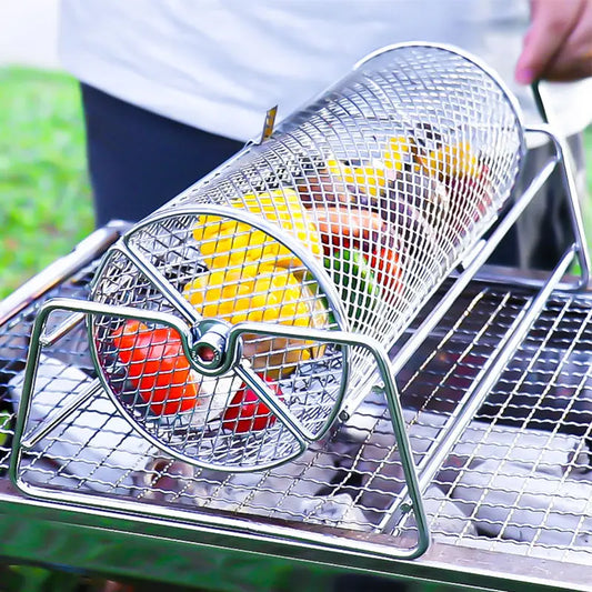 Stainless Steel Rolling Grill Mesh Basket – 360° Rotating Rotisserie Cylinder for BBQ
