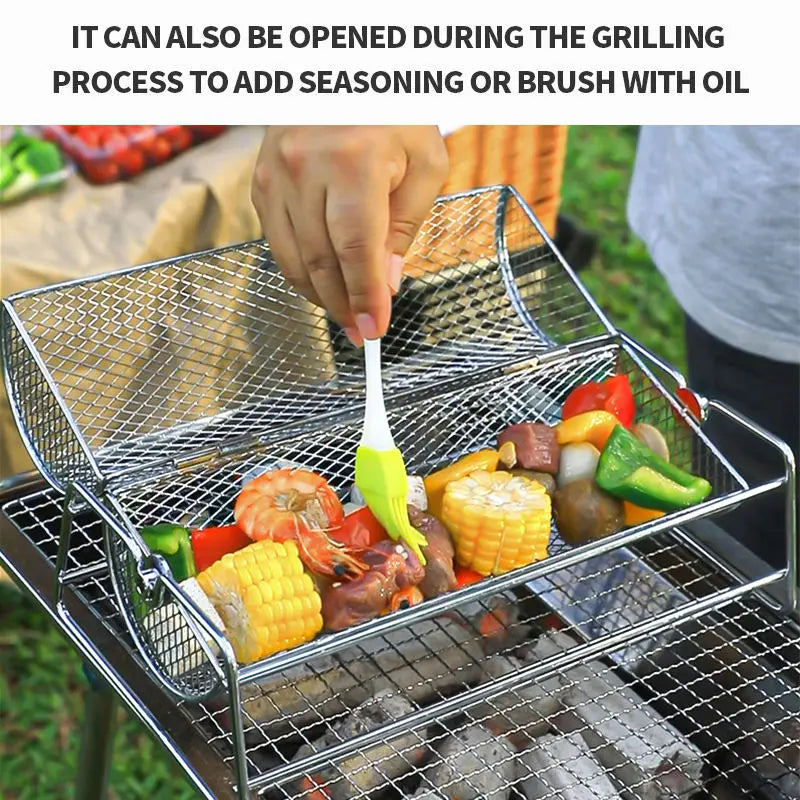 Stainless Steel Rolling Grill Mesh Basket – 360° Rotating Rotisserie Cylinder for BBQ