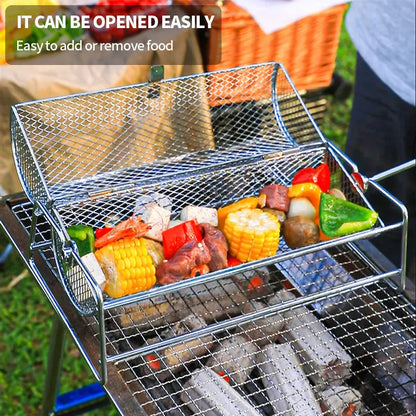 Stainless Steel Rolling Grill Mesh Basket – 360° Rotating Rotisserie Cylinder for BBQ
