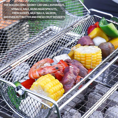 Stainless Steel Rolling Grill Mesh Basket – 360° Rotating Rotisserie Cylinder for BBQ