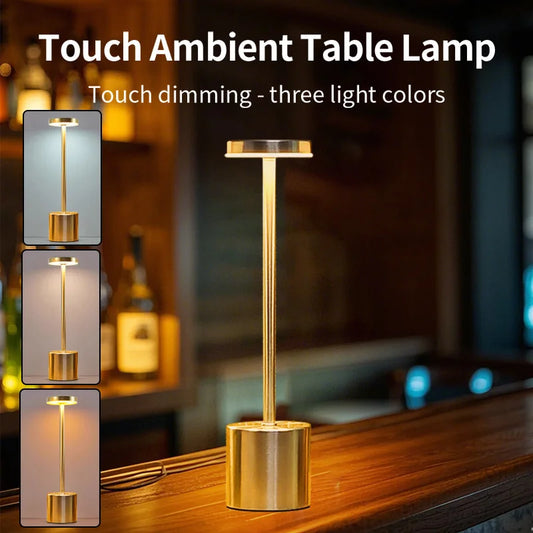 Rechargeable USB Touch Table Lamp – Stepless Dimming & 3-Color Bedside Desk Lamp, Portable Night Light for Home, Bar & Hotel Decor