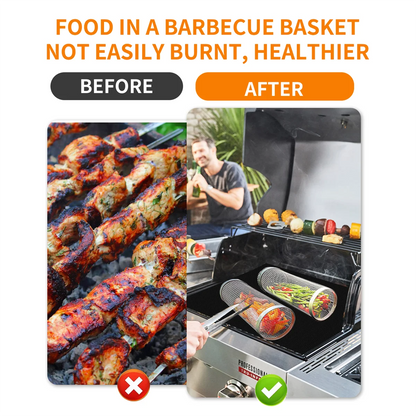 Rotating Stainless Steel BBQ Grill Cage – Cylinder Mesh Basket for Kamado, Smoker, and Outdoor Barbecue Accessories