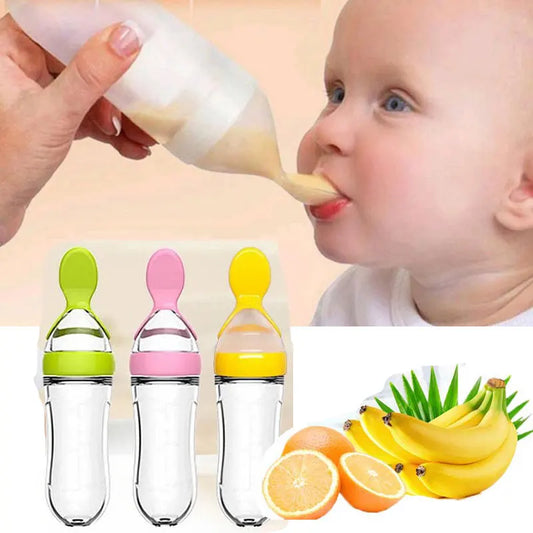 Silicone Squeeze Baby Food Feeder Bottle with Spoon