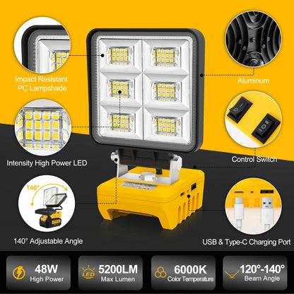 5200LM LED Work Light – Portable 48W Cordless Flood Light with Adjustable Base, Rechargeable Work Light Compatible with DeWalt