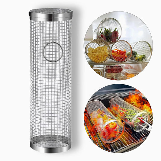Rotating Stainless Steel BBQ Grill Cage – Cylinder Mesh Basket for Kamado, Smoker, and Outdoor Barbecue Accessories
