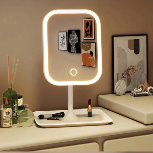 LED Makeup Vanity Mirror – Modern Desktop Dressing Mirror with 3-Color Light & Touch Control for Women’s Bedroom