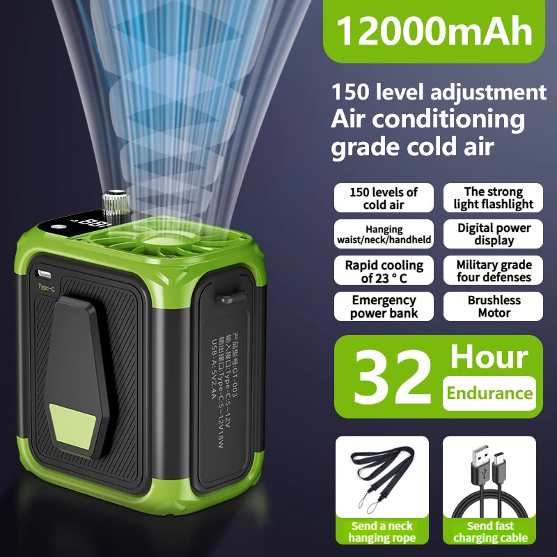 Mini Waist Fan & Bladeless Neck Fan – USB Rechargeable Portable Fan with Power Bank, LED Light & Digital Display