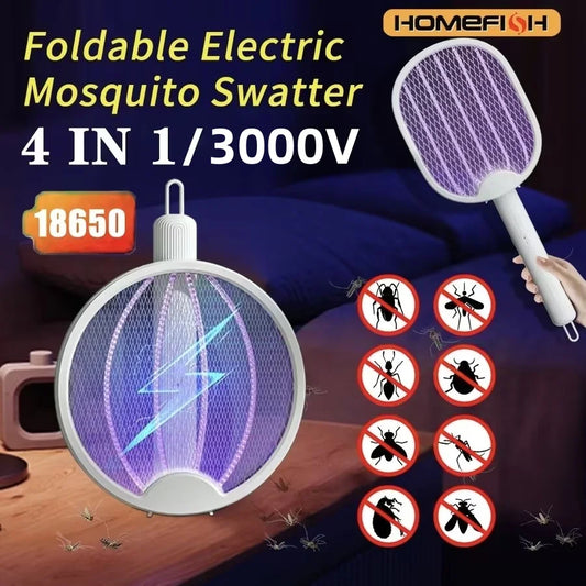 2 in 1 Electric Mosquito Swatter Lamp – USB Rechargeable Folding Insect Killer with Purple Light for Home & Dormitory