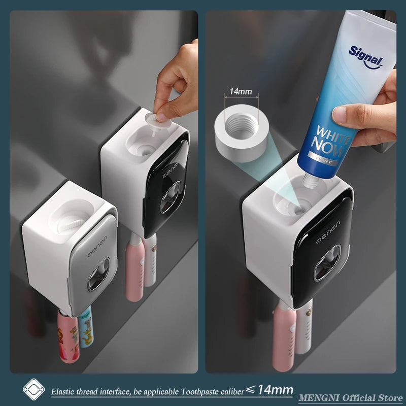 Automatic Toothpaste Dispenser – Wall Mounted Toothpaste Squeezer with Toothbrush Holder Rack, Punch-Free Bathroom Organizer