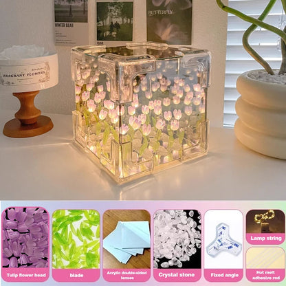 DIY Tulip Flower Cube Night Light Kit – Romantic 3D Tulip Material Package for Couples & Girlfriend Gift