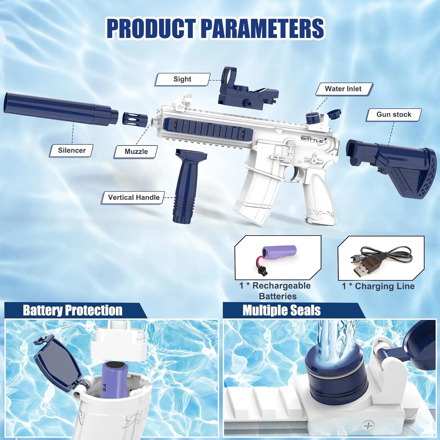 Unilabo M416 Electric Water Gun – Battery Powered Automatic Water Blaster with Bottle Attachment