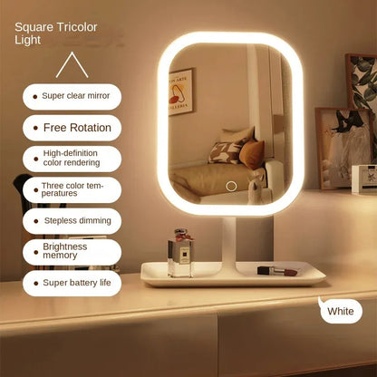 LED Makeup Vanity Mirror – Modern Desktop Dressing Mirror with 3-Color Light & Touch Control for Women’s Bedroom