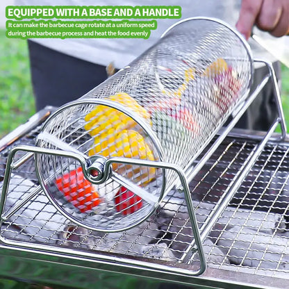Stainless Steel Rolling Grill Mesh Basket – 360° Rotating Rotisserie Cylinder for BBQ