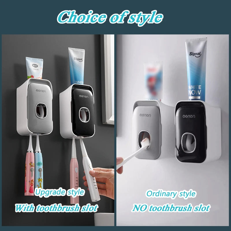 Automatic Toothpaste Dispenser – Wall Mounted Toothpaste Squeezer with Toothbrush Holder Rack, Punch-Free Bathroom Organizer