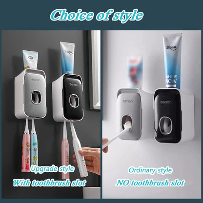 Automatic Toothpaste Dispenser – Wall Mounted Toothpaste Squeezer with Toothbrush Holder Rack, Punch-Free Bathroom Organizer