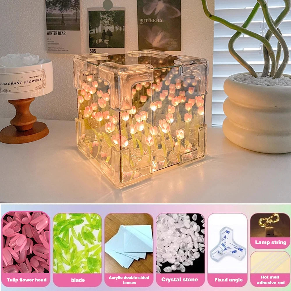 DIY Tulip Flower Cube Night Light Kit – Romantic 3D Tulip Material Package for Couples & Girlfriend Gift