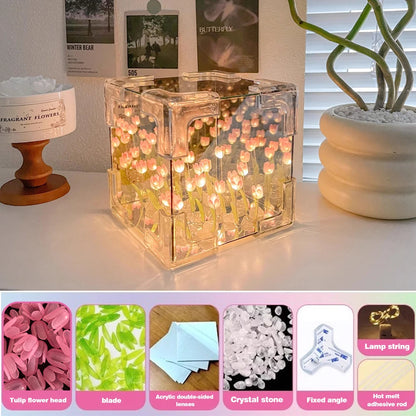 DIY Tulip Flower Cube Night Light Kit – Romantic 3D Tulip Material Package for Couples & Girlfriend Gift