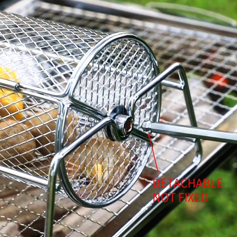 Stainless Steel Rolling Grill Mesh Basket – 360° Rotating Rotisserie Cylinder for BBQ