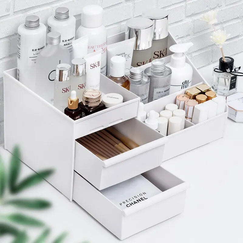 White Plastic Makeup Storage Box with Drawers