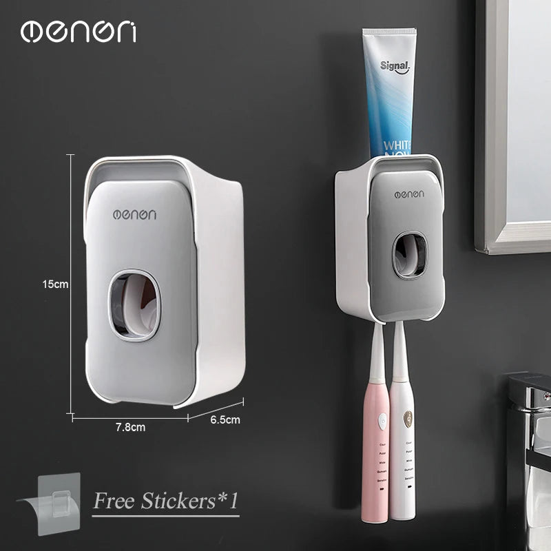 Automatic Toothpaste Dispenser – Wall Mounted Toothpaste Squeezer with Toothbrush Holder Rack, Punch-Free Bathroom Organizer