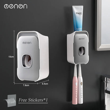 Automatic Toothpaste Dispenser – Wall Mounted Toothpaste Squeezer with Toothbrush Holder Rack, Punch-Free Bathroom Organizer