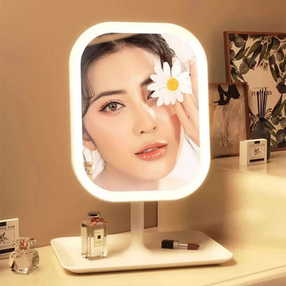 LED Makeup Vanity Mirror – Modern Desktop Dressing Mirror with 3-Color Light & Touch Control for Women’s Bedroom