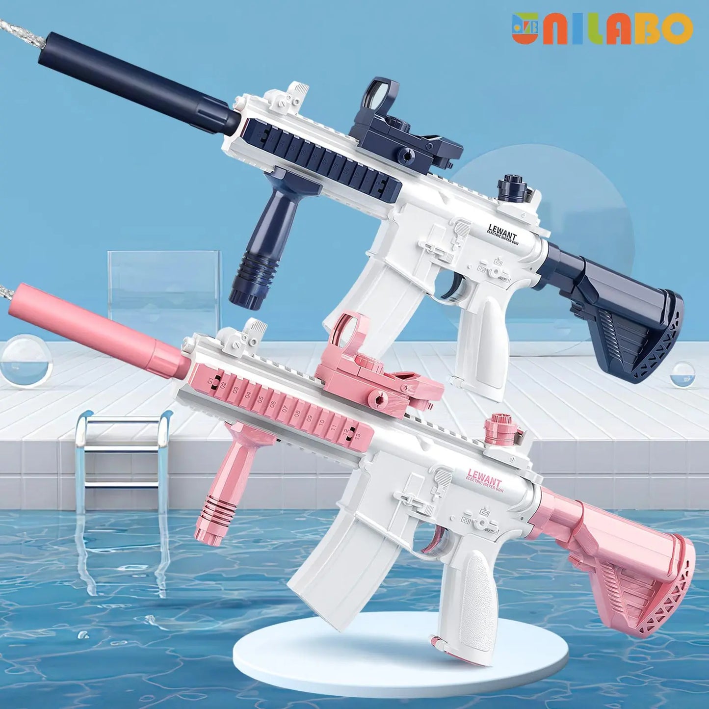 Unilabo M416 Electric Water Gun – Battery Powered Automatic Water Blaster with Bottle Attachment