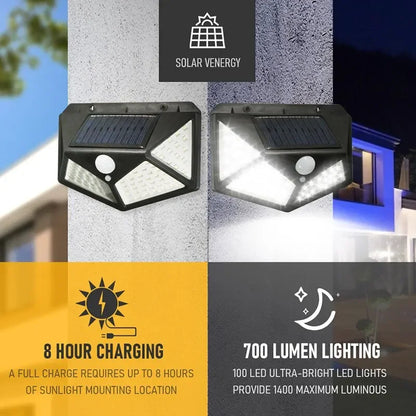 100-LED Waterproof Outdoor Solar Motion Sensor Wall Light – 270° Wide-Angle All-Sides Luminous Lamp for Garden, Stairs & Courtyard
