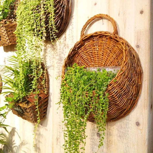 Handmade Wicker Rattan Wall Hanging Flower Planter – Rustic Basket Plant Holder for Indoor & Outdoor Garden Décor