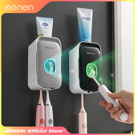 Automatic Toothpaste Dispenser – Wall Mounted Toothpaste Squeezer with Toothbrush Holder Rack, Punch-Free Bathroom Organizer