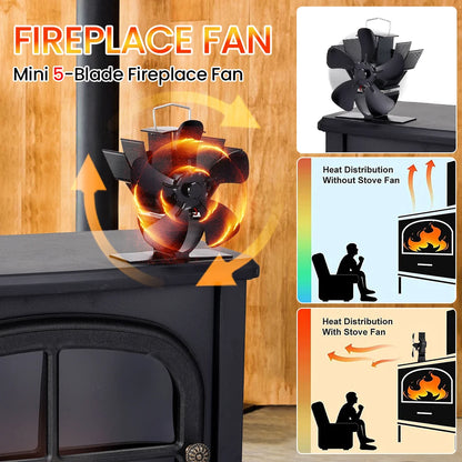 Mini Heat Powered Stove Fan – 5-Blade Quiet Fireplace Fan for Wood Burner, Eco-Friendly Heat Distribution Fan for Winter Home Heating