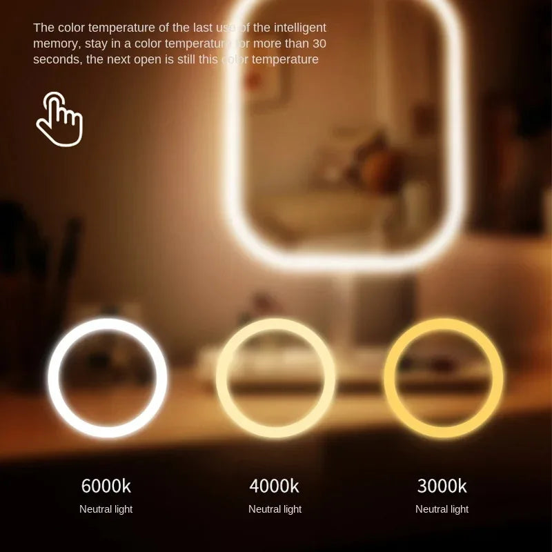 LED Makeup Vanity Mirror – Modern Desktop Dressing Mirror with 3-Color Light & Touch Control for Women’s Bedroom