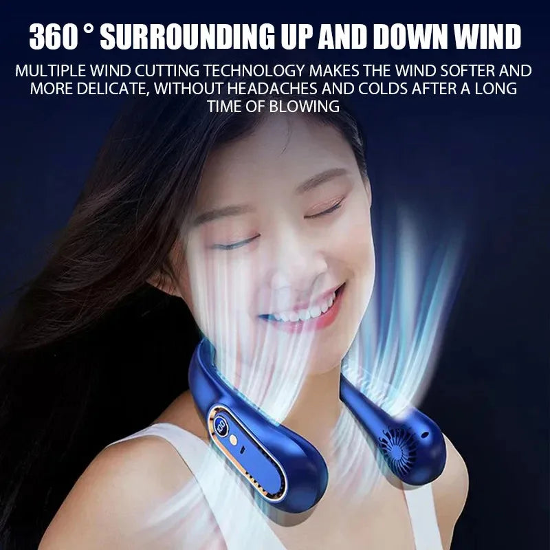 Portable Hanging Neck Fan – Bladeless Mini USB Rechargeable Air Cooler with LED Digital Display, Quiet Personal Cooling Fan