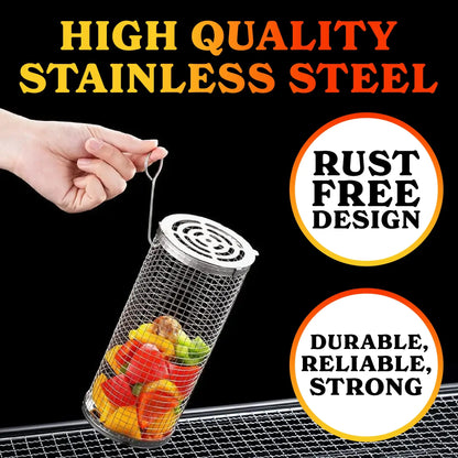 Rotating Stainless Steel BBQ Grill Cage – Cylinder Mesh Basket for Kamado, Smoker, and Outdoor Barbecue Accessories