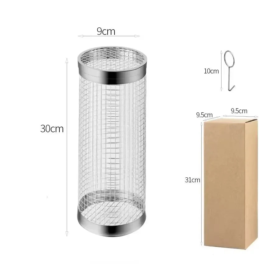 Rotating Stainless Steel BBQ Grill Cage – Cylinder Mesh Basket for Kamado, Smoker, and Outdoor Barbecue Accessories