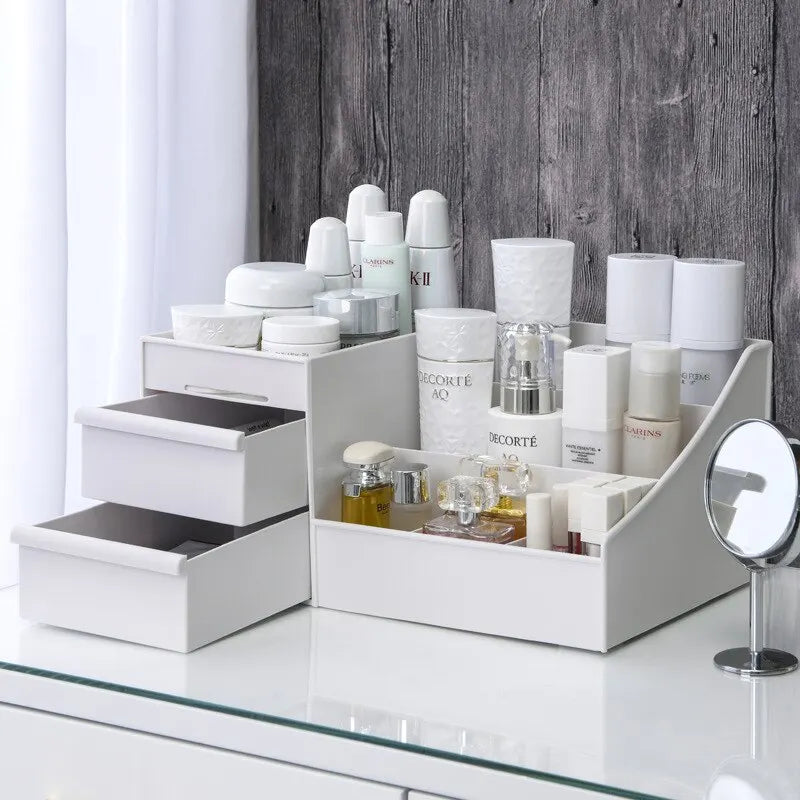 White Plastic Makeup Storage Box with Drawers