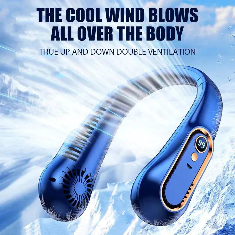 Portable Hanging Neck Fan – Bladeless Mini USB Rechargeable Air Cooler with LED Digital Display, Quiet Personal Cooling Fan