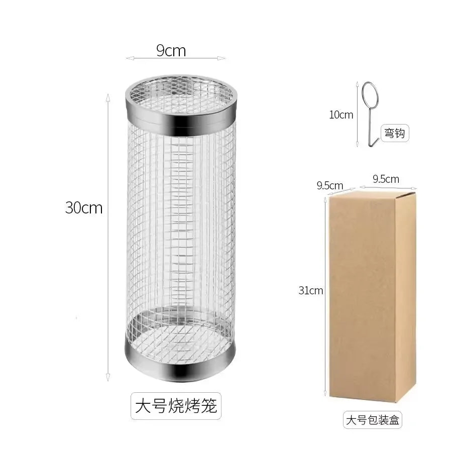 Rotating Stainless Steel BBQ Grill Cage – Cylinder Mesh Basket for Kamado, Smoker, and Outdoor Barbecue Accessories