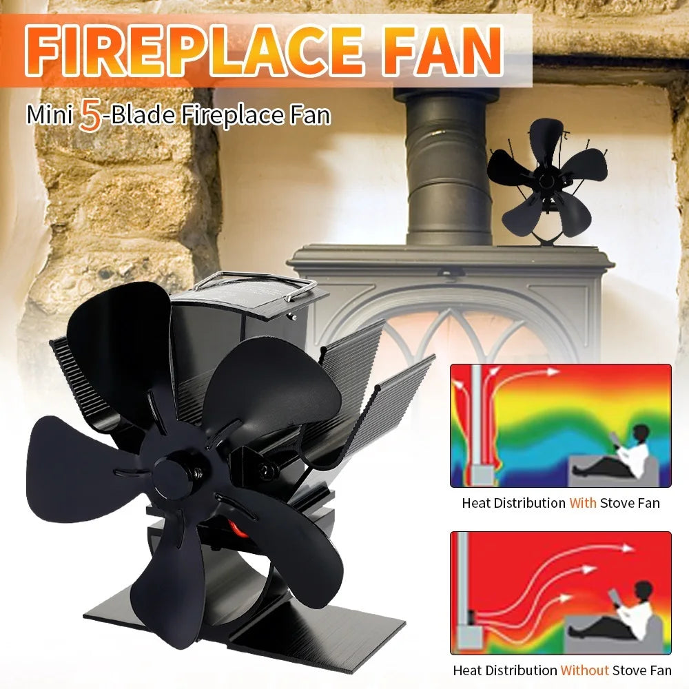Mini Heat Powered Stove Fan – 5-Blade Quiet Fireplace Fan for Wood Burner, Eco-Friendly Heat Distribution Fan for Winter Home Heating